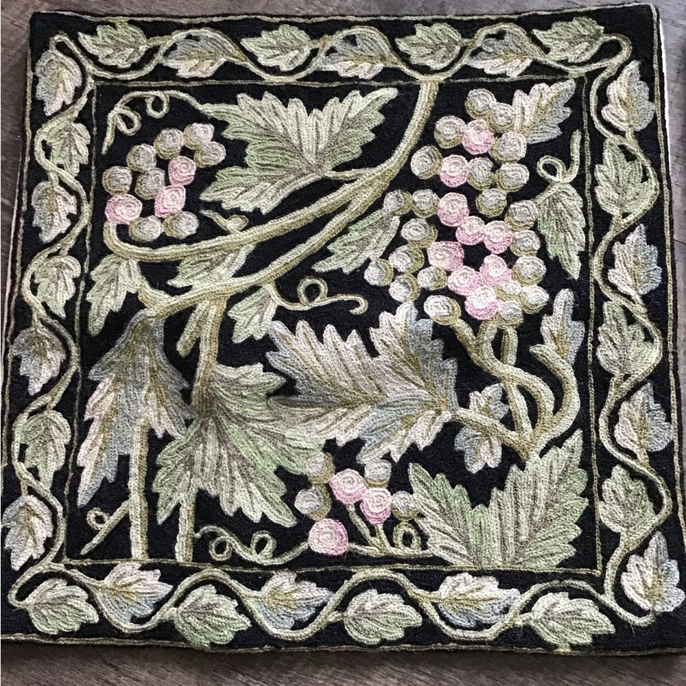 Embroidered Vine & Grape Pillow Cover in Black, Green & Pink